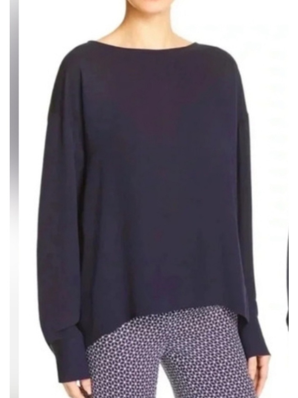 Theory Silk Navy Split-Back Long Sleeve Top